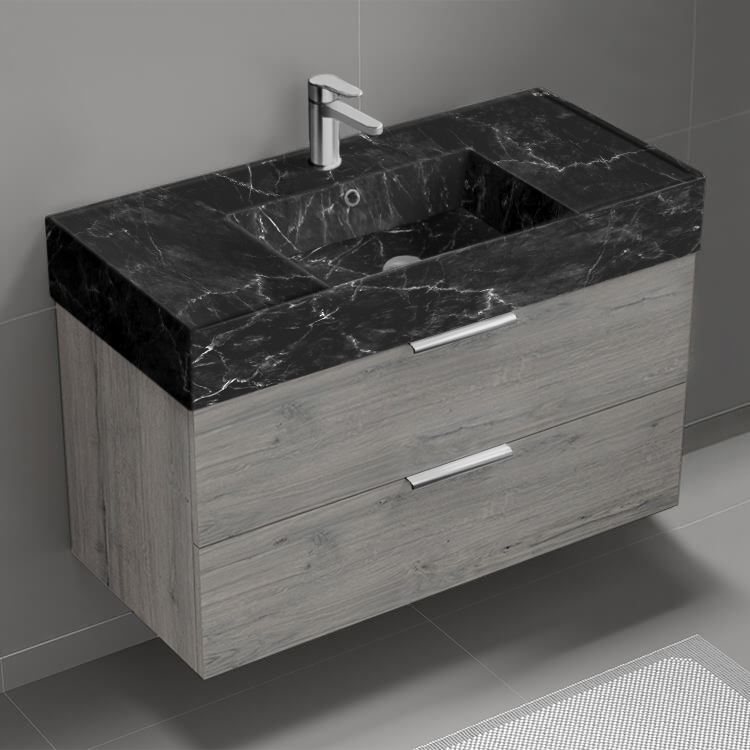 Nameeks DERIN923 40 Inch Bathroom Vanity With Black Marble Design Sink, Wall Mounted, Grey Oak